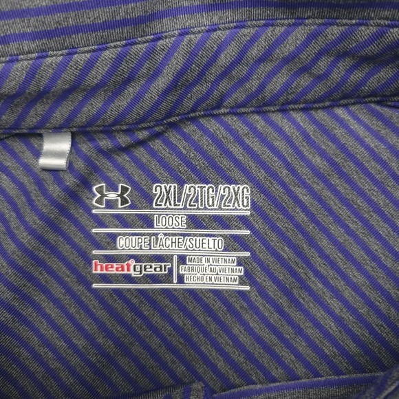Under Armour HeatGear Polo Shirt Mens 2XL Purple Stripe Golf Performance Stretch - Picture 3 of 10